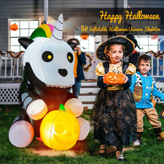 5 Feet Halloween Inflatable Unicorn Skeleton with Pumpkin Lantern - Free Shipping