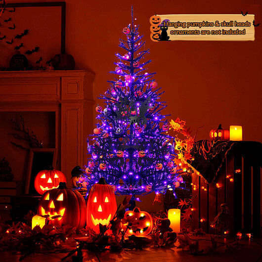 6 Feet Pre-Lit Hinged Halloween Tree with 250 Purple LED Lights and 25 Ornaments - Free Shipping 