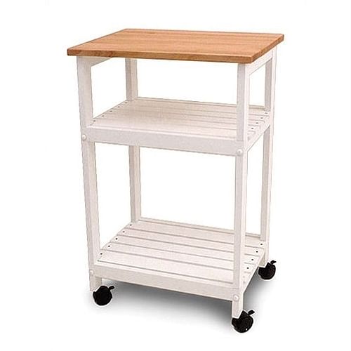 White Kitchen Microwave Cart with Butcher Block Top & Locking Casters - Free Shipping