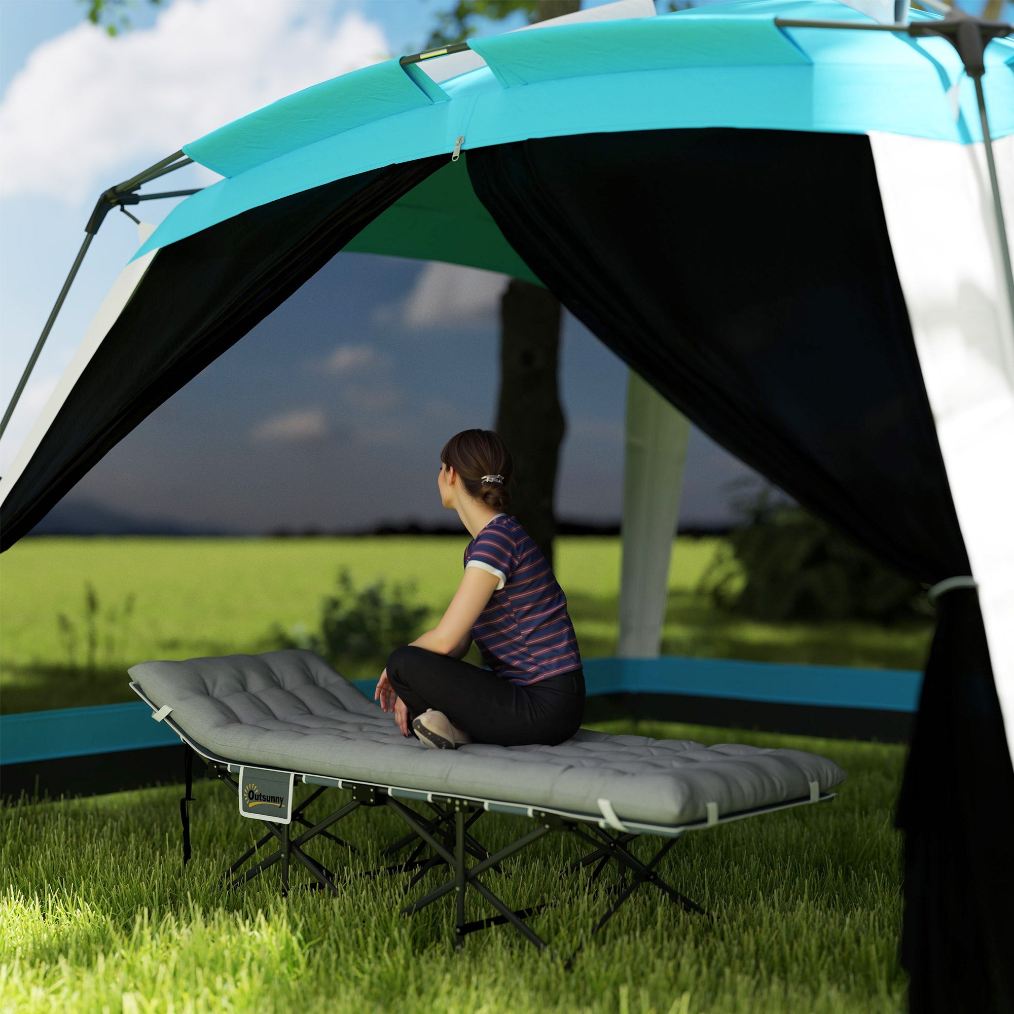 Outsunny 25.6" Wide Folding Bed, Camping Cot for Adults with Mattress, Carry Bag, Storage Pocket, Max Load 330 LBS, Light Grey 