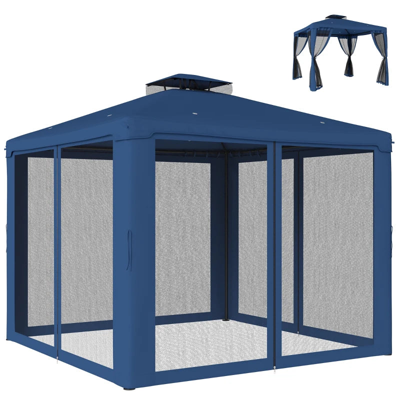9.6' x 9.6' Patio Gazebo Outdoor Pavilion 2 Tire Roof Canopy Shelter Garden, Steel Frame w/ Mosquito Netting, Dark Blue