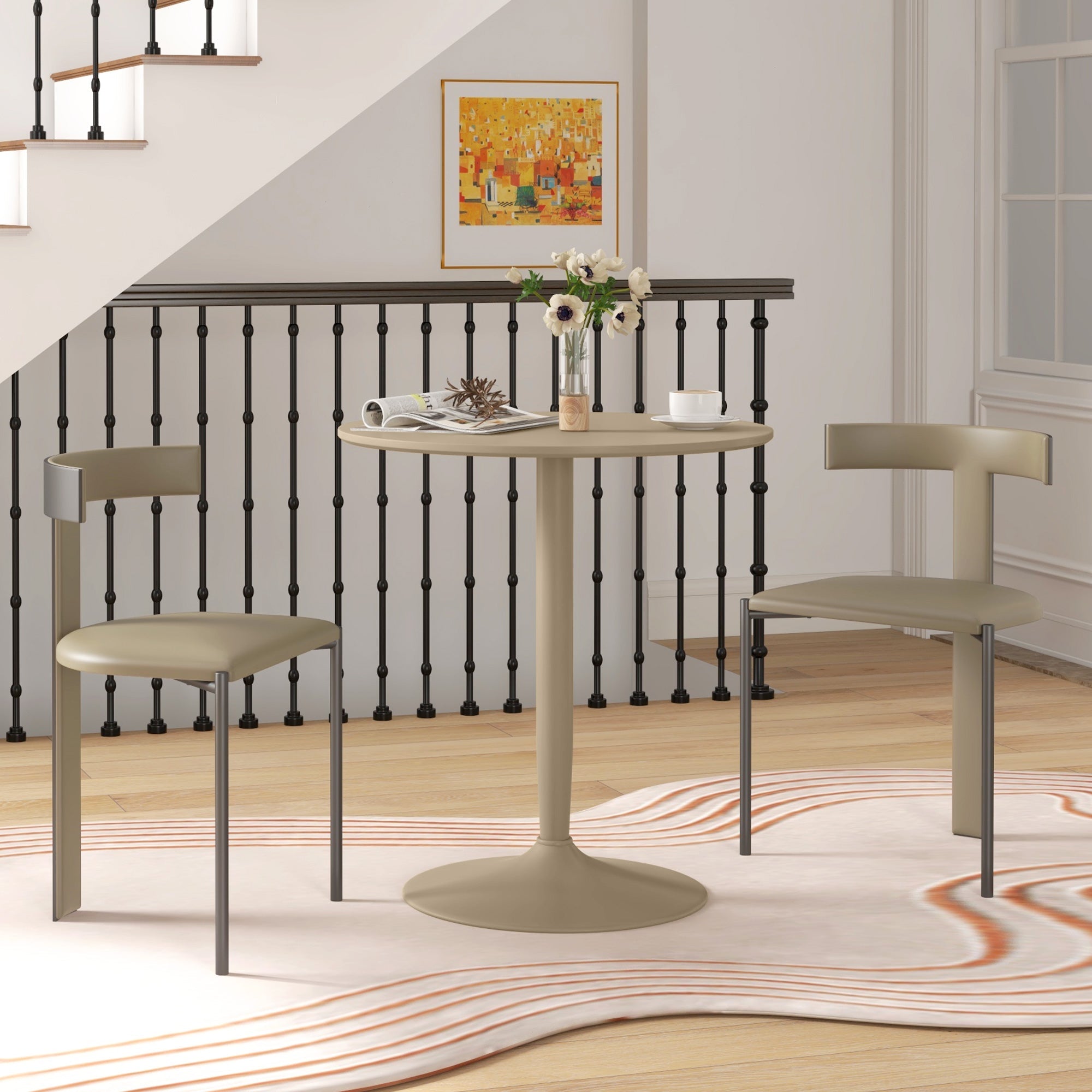 HOMCOM Modern Round 2 Person Dining Table Steel Base for Living Room Light Brown 