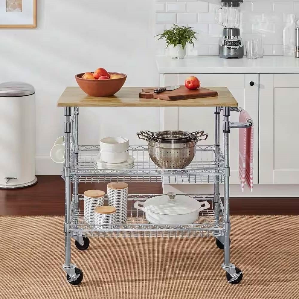 Kitchen Island Cart with Wood Top and 2 Bottom Storage Shelves on Wheels - Free Shipping