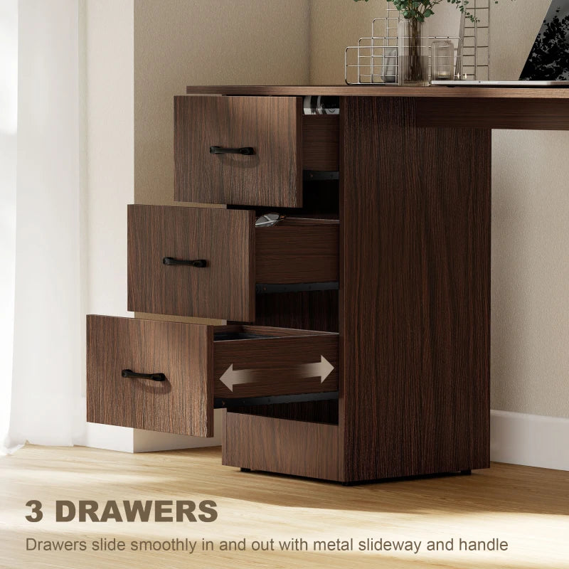 Computer Desk, 55" Writing Table with 3-Tier Shelves and 3 Reversible Drawers for Home Office, Bedroom, Walnut