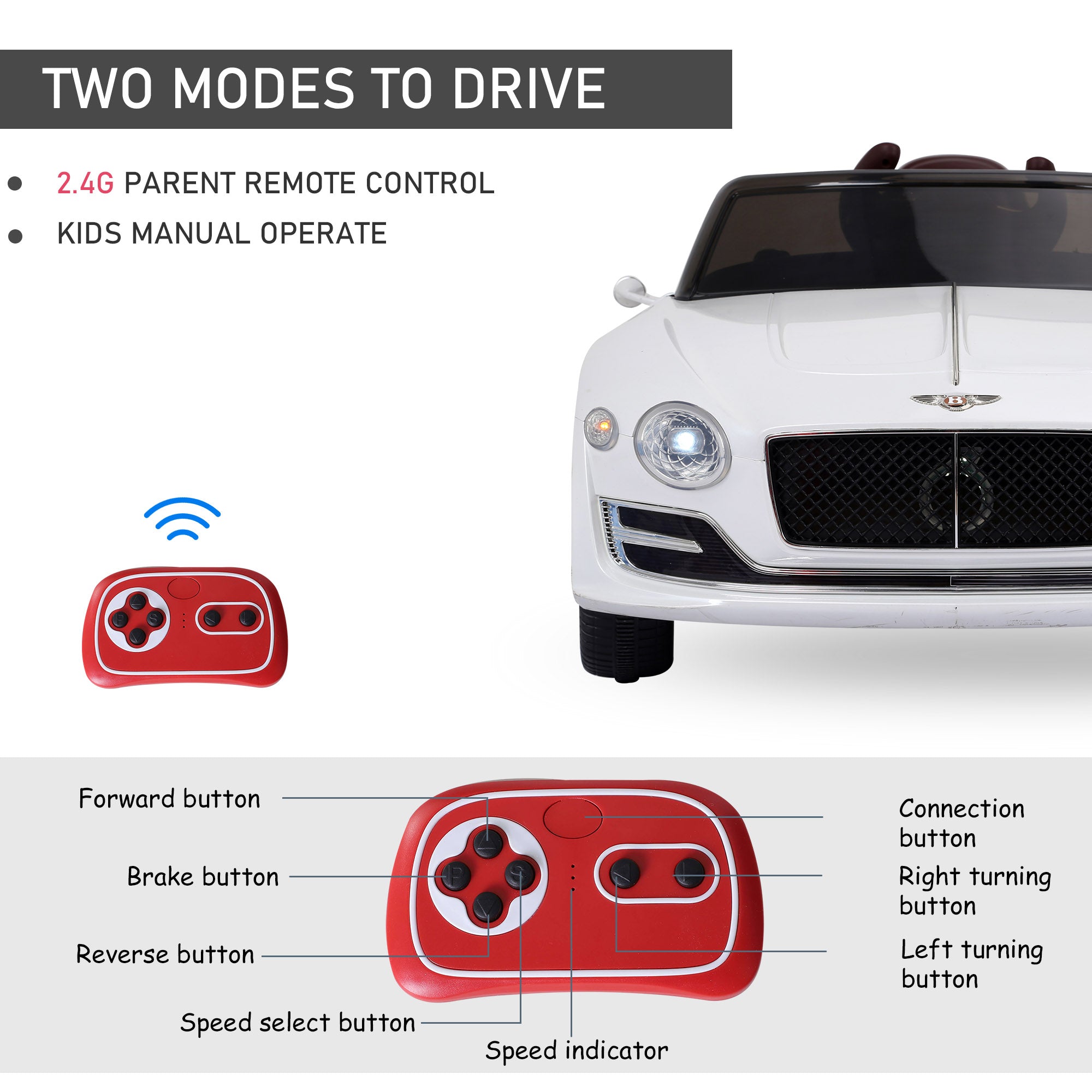 Aosom Licensed Bentley Ride-On Car: 12V, Electric, Battery Powered, Remote Control, 2 Speed, White 