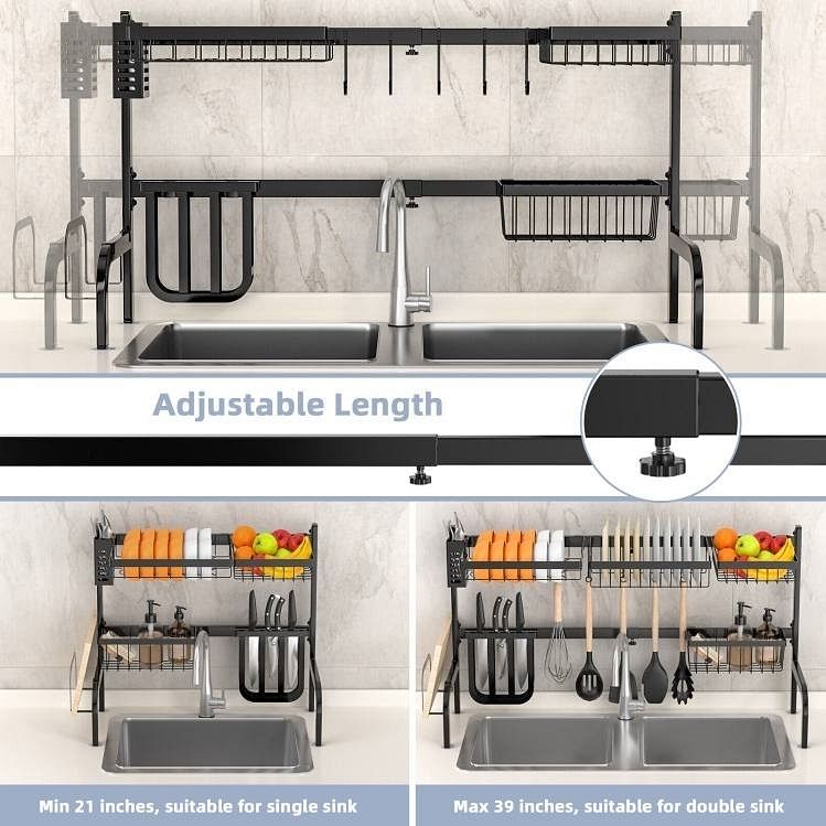 2 Tier Black Steel Adjustable Over the Sink Dish Drying Rack - Free Shipping 