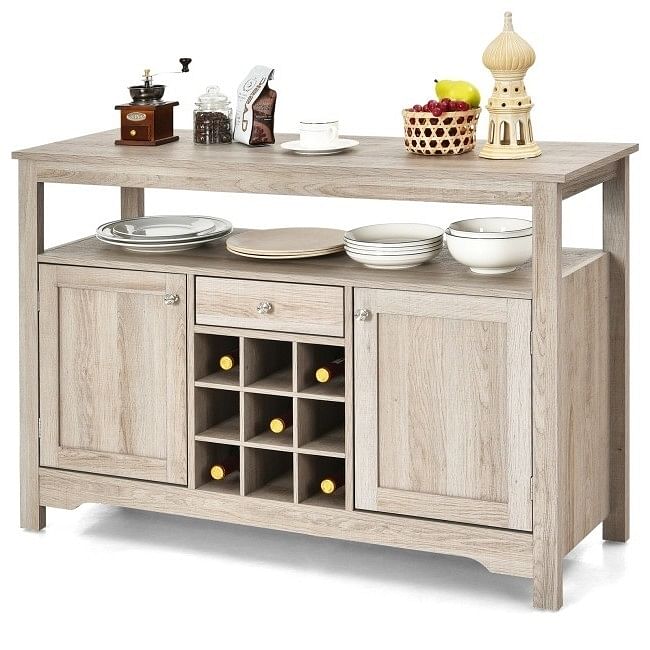 Gray Oak Buffet Server 9 Bottle Wine Cabinet Console - Free Shipping 