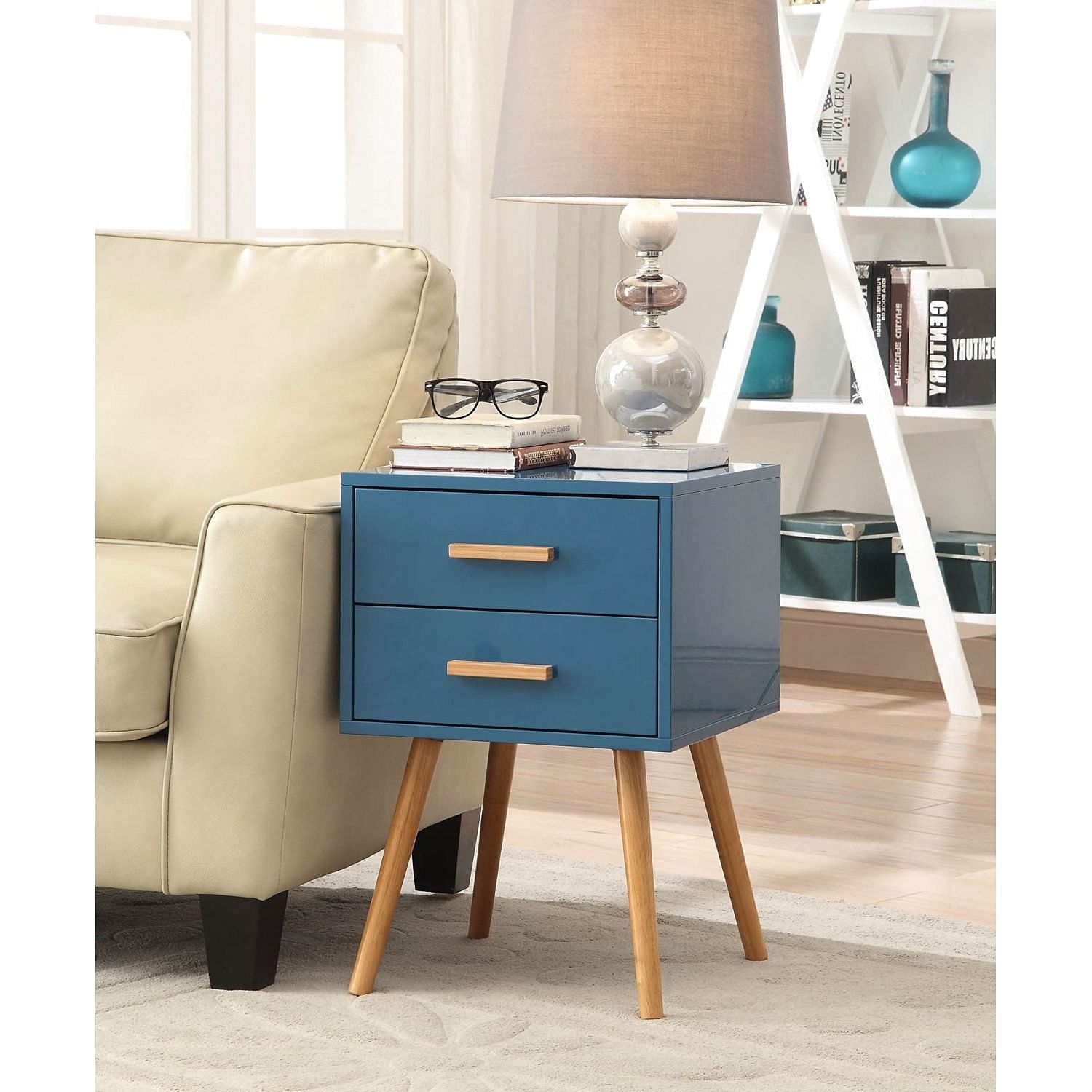 Modern Classic Mid-Century Style End Table Nightstand in Blue Finish - Free Shipping