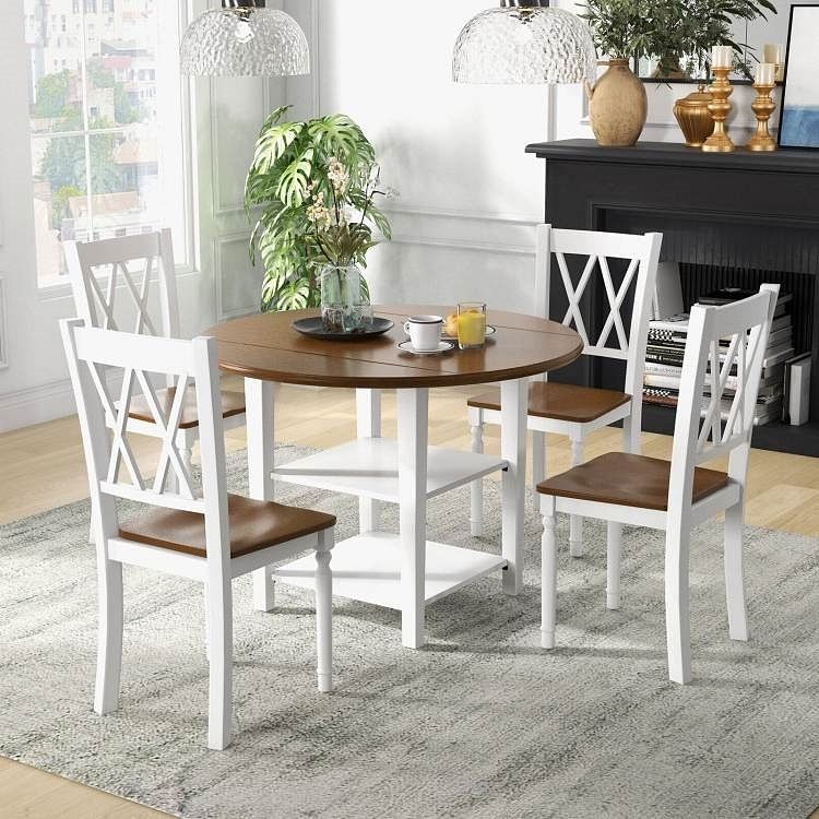 Round Drop Leaf Dining Table Set with 4 Chairs in White/Walnut Wood Finish - Free Shipping 