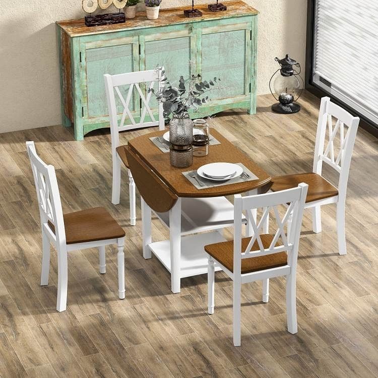 Round Drop Leaf Dining Table Set with 4 Chairs in White/Walnut Wood Finish - Free Shipping 