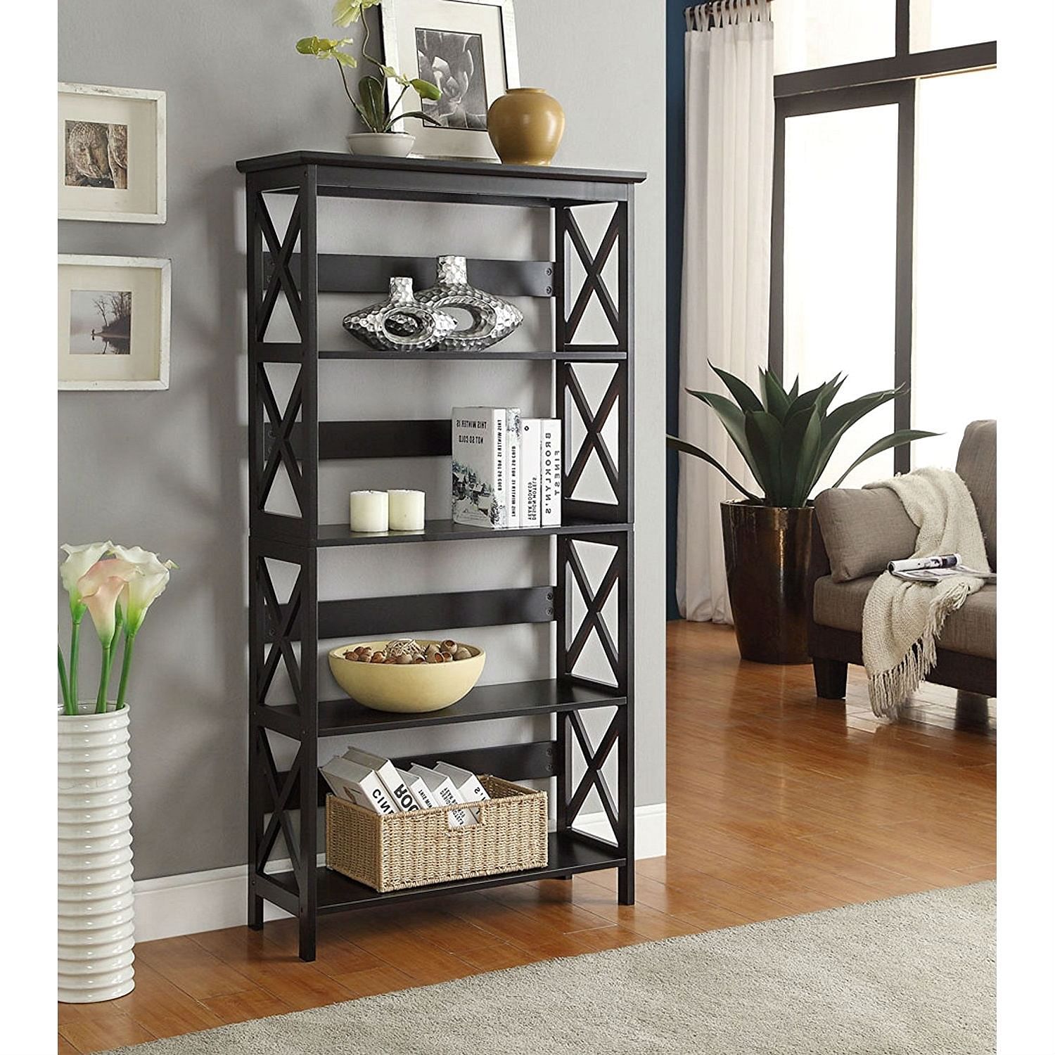 Glossy Black 5-Shelf Bookcase - Free Shipping