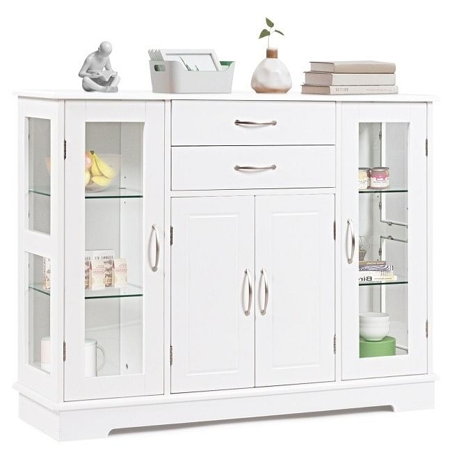 White Wood Buffet Sideboard Cabinet with Glass Display Doors - Free Shipping 