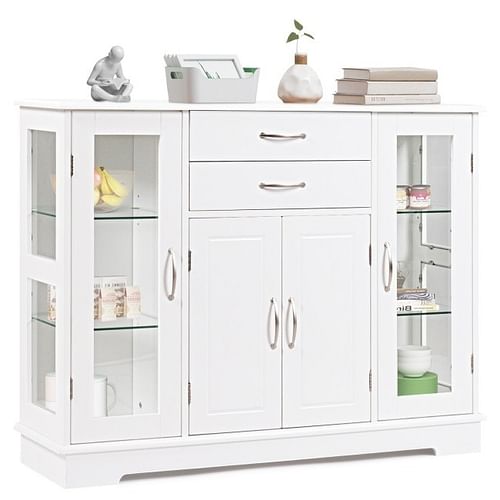 White Wood Buffet Sideboard Cabinet with Glass Display Doors - Free Shipping 