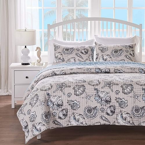 King/CAL King 3 Piece Microfiber Beach Shells Coastal Reversible Quilt Set - Free Shipping