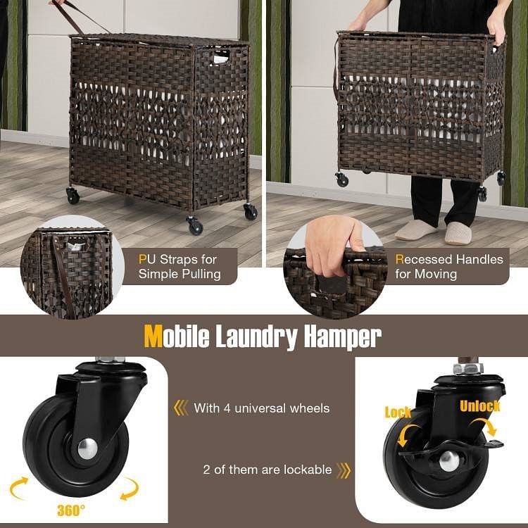 Brown PE Wicker Rattan 2 Section Rolling Laundry Hamper with Removeable Bags - Free Shipping 