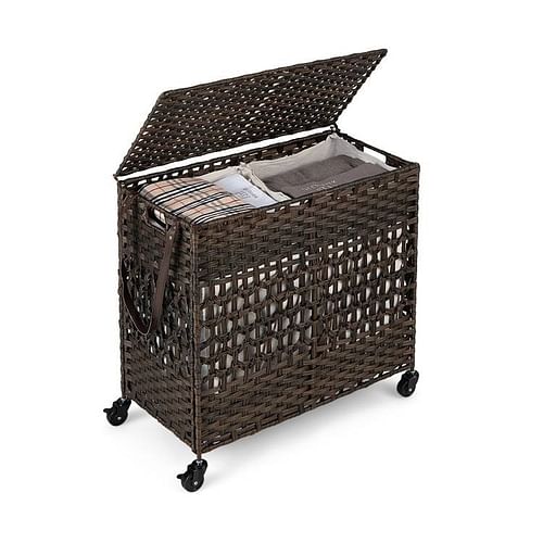 Brown PE Wicker Rattan 2 Section Rolling Laundry Hamper with Removeable Bags - Free Shipping 