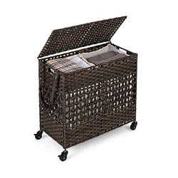 Brown PE Wicker Rattan 2 Section Rolling Laundry Hamper with Removeable Bags - Free Shipping 