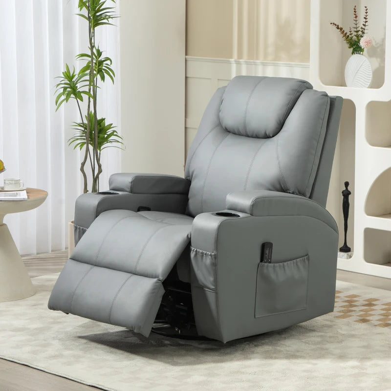 Massage Recliner Chair Leather Swivel Rocker Manual Reclining Chair with 8 Vibration Points, Cup Holders, Light Grey