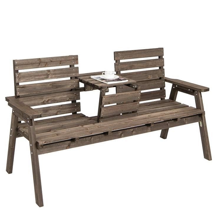 Farmhouse Outdoor Fir Wood Patio Garden Bench with Folding Center Table - Free Shipping 