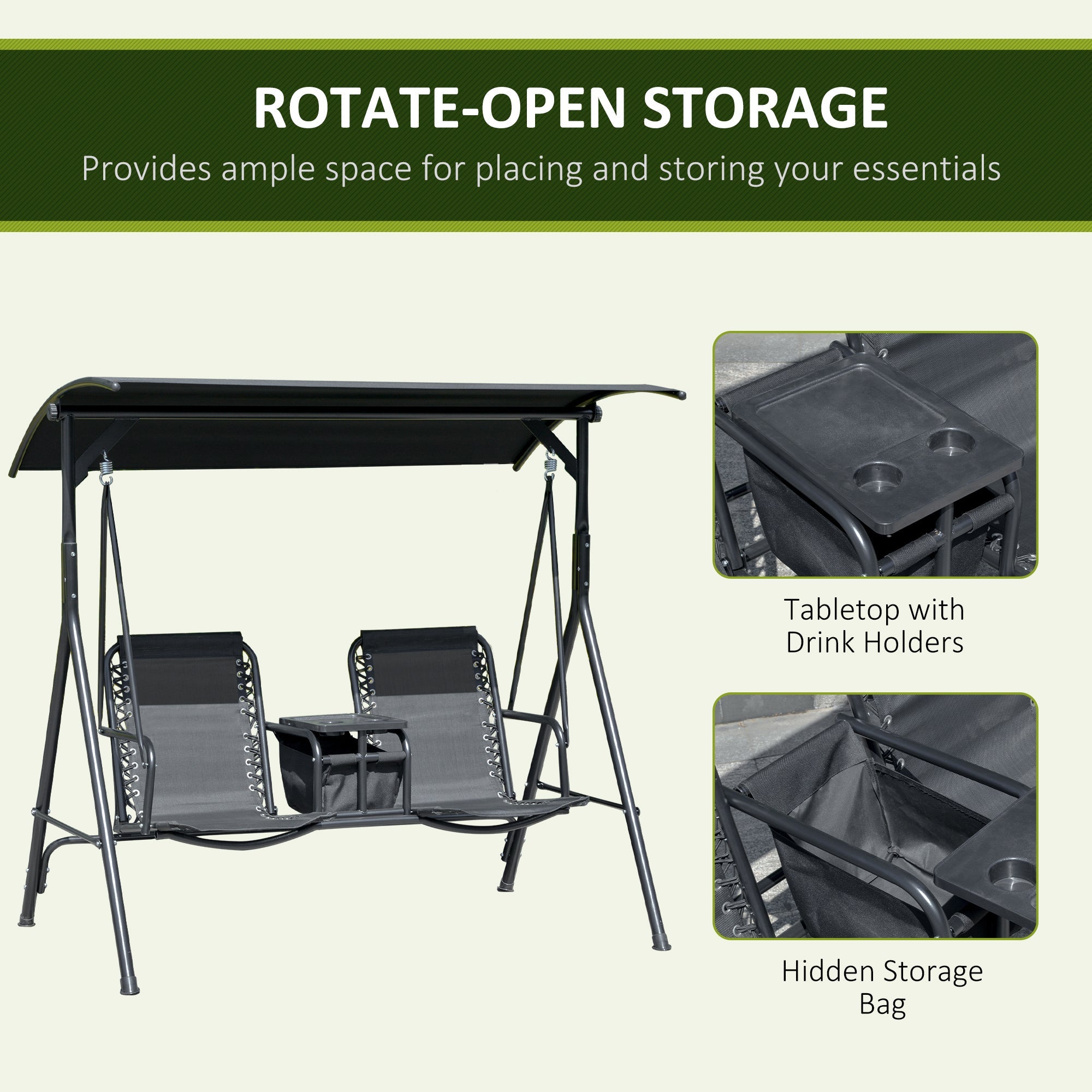 Outsunny 2 Person Covered Porch Swing Patio Swing with Pivot Storage Table, Cup Holder, & Adjustable Overhead Canopy, Black 
