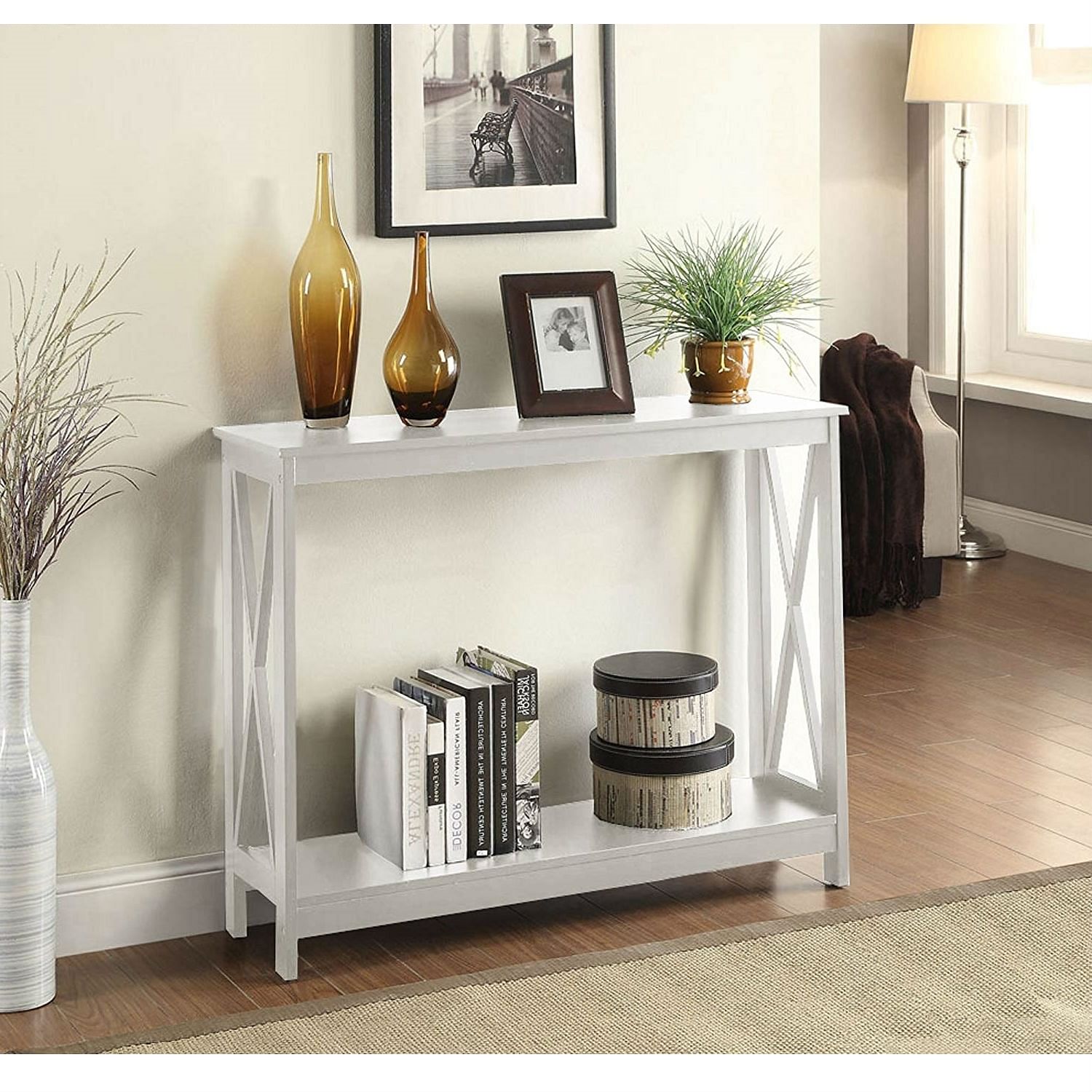 White Wood Console Sofa Table with Bottom Storage Shelf - Free Shipping