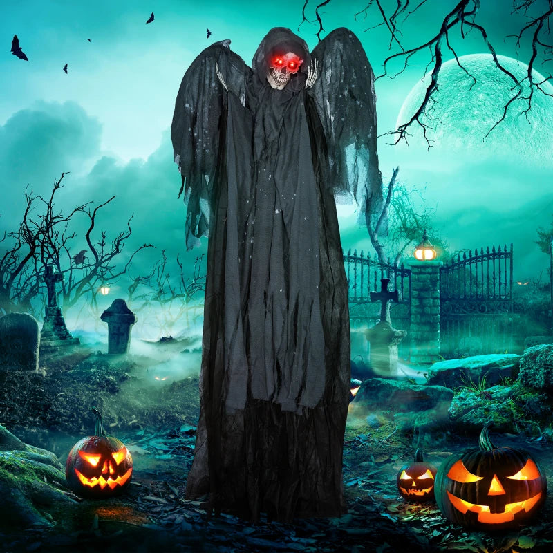 HOMCOM 6.4' Life-Size Winged Grim Reaper – Animated Halloween Decoration, Light-Up Eyes 