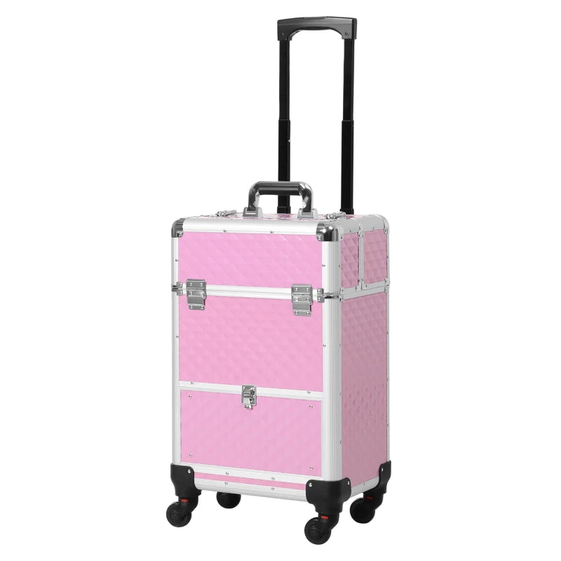 Portable Aluminum Makeup Train Cases, Rolling Makeup Case, Salon Beauty Cosmetic Jewelry Organizer Trolley with 4 Wheels, Pink