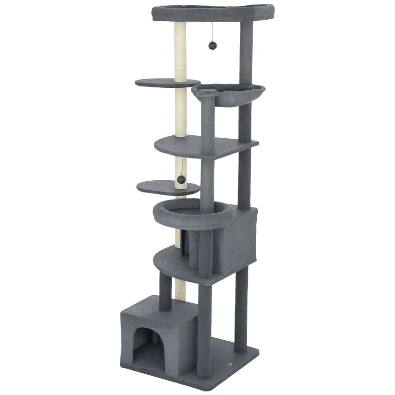 79" Extra Tall Cat Tree with Scratching Posts, Perches, Caves, Hammock, Pompoms, for 2-3 Indoor Cats, Dark Grey