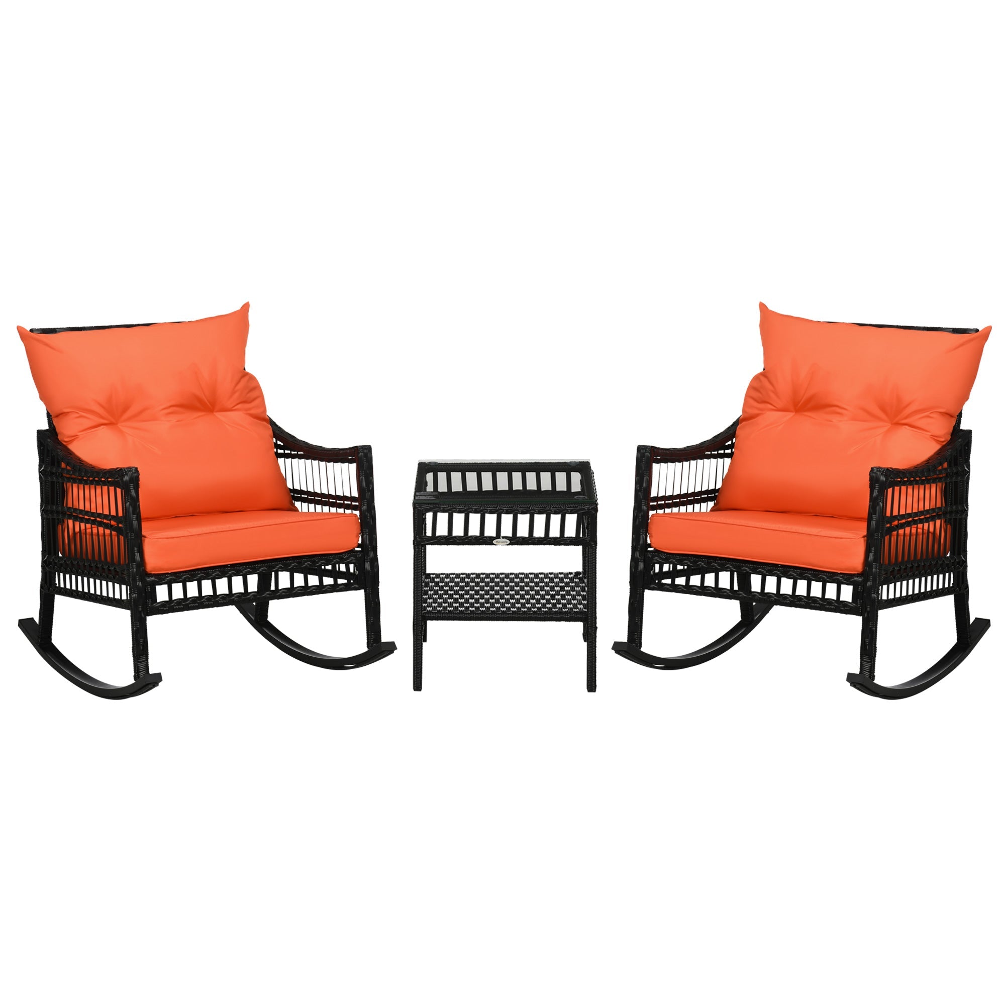 Outsunny 3 Pieces Outdoor PE Rattan Rocker Chair Set, Rocking Chair with Tempered Glass Table Top,25"x26"x28", Wine Red 