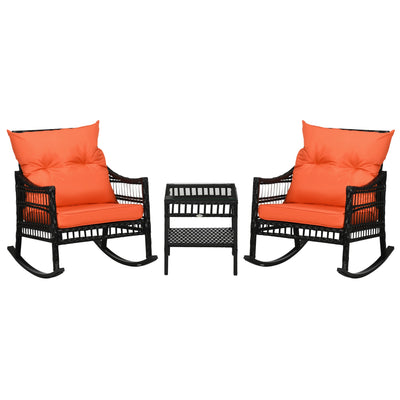 Outsunny 3 Pieces Outdoor PE Rattan Rocker Chair Set, Rocking Chair with Tempered Glass Table Top,25"x26"x28", Wine Red 