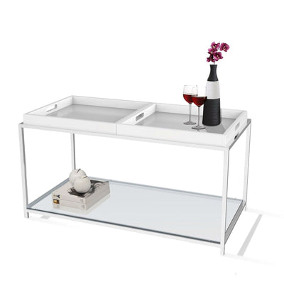 Modern Chrome Metal Coffee Table with 2 White Removable Trays - Free Shipping 