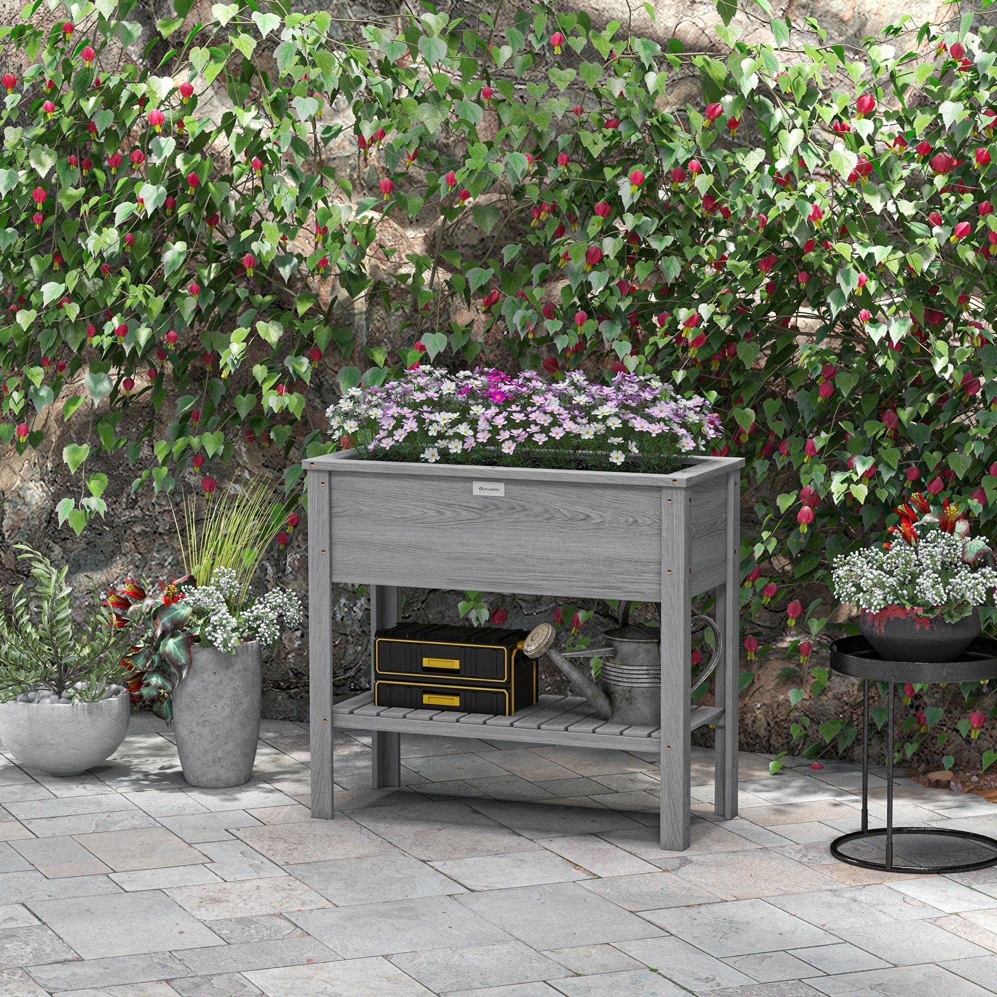 Outsunny Elevated Planter Paradise: Raised Bed Box with Shelf for Flowers, Vegetables, and Planter Box, Drain Holes, 36"x16"x32", Grey 
