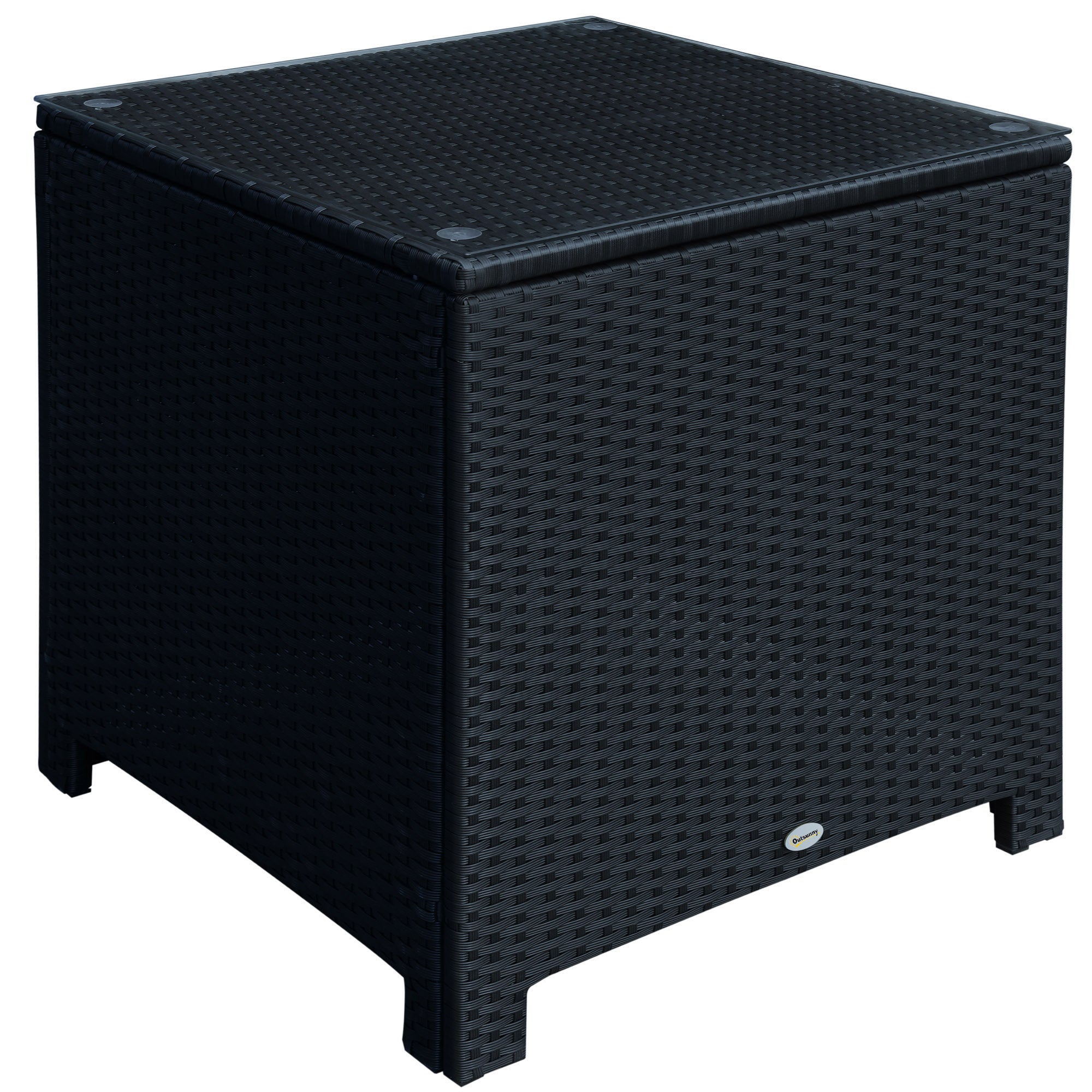 Outsunny Rattan Wicker Side Coffee Table w Glass Top Outdoor Patio Furniture Black 