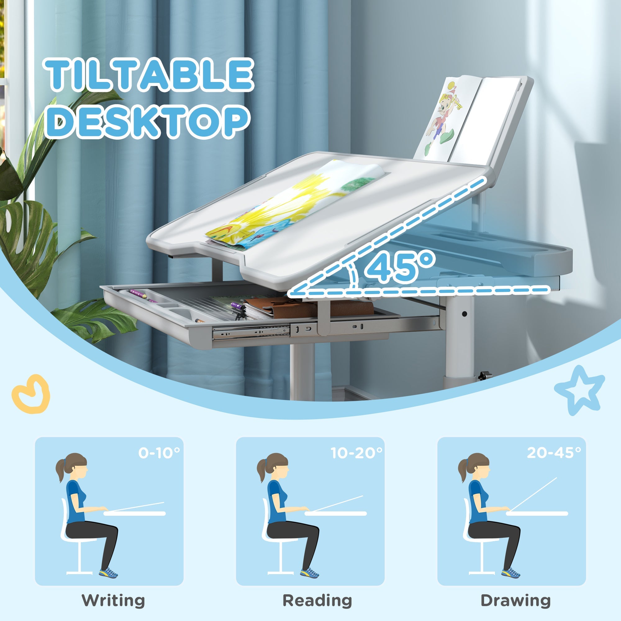 Qaba Height Adjustable Kids Desk and Chair Set with Tilt Desktop, Large Writing Board, Storage Drawer, Book Stand, Grey 