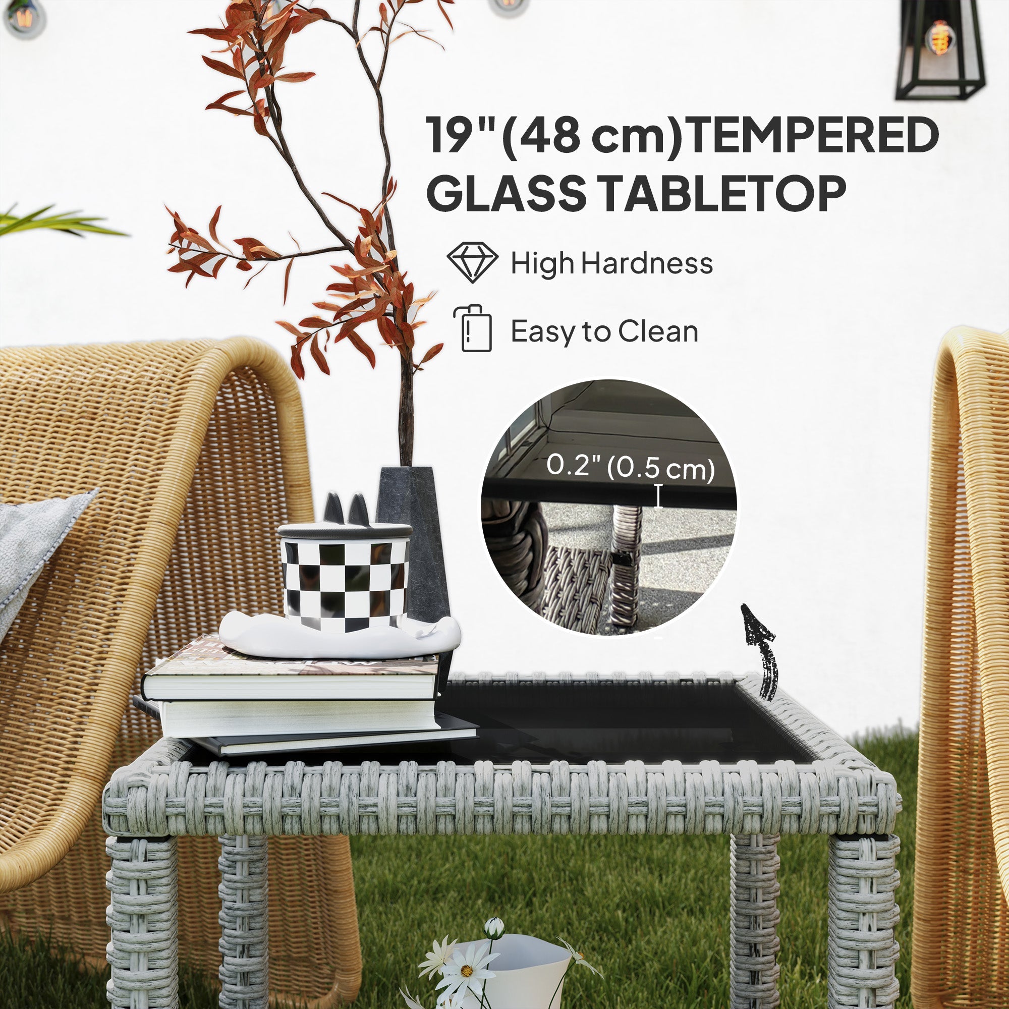 Outsunny 19" Outdoor Wicker Coffee Table with Glass Top, Storage Shelf for Garden Porch Balcony Deck, Dark Grey 