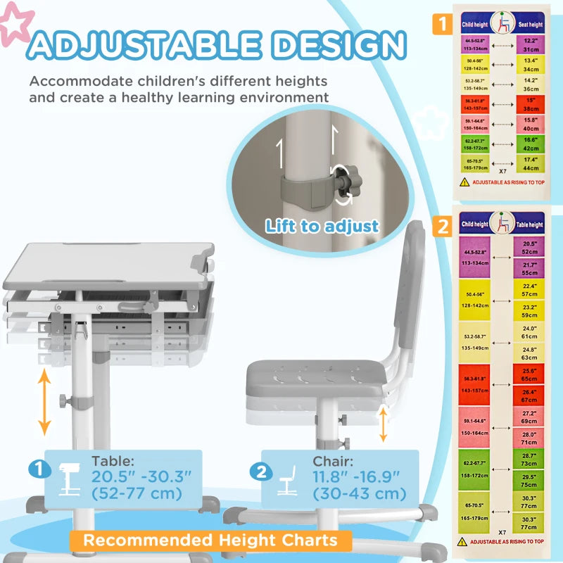 Qaba Height Adjustable Study Table and Chair Set with Drawer, Pen Slot, Tiltable Desktop, Hook, Grey