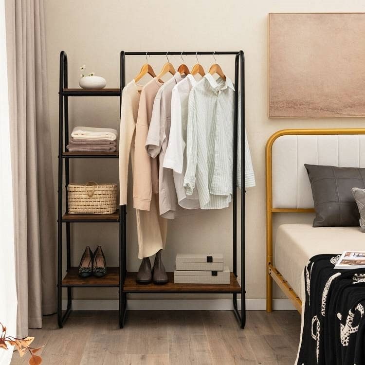 Industrial Wood Metal Garment Rack Clothes Hanging Bar with Storage Shelves - Free Shipping 
