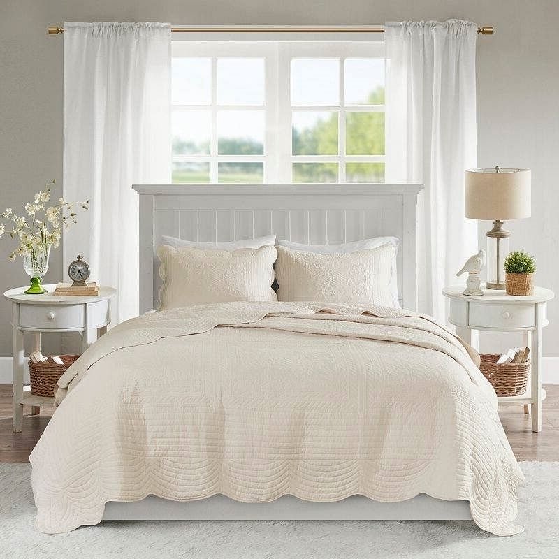 King Size 3 Piece Reversible Scalloped Edges Microfiber Quilt Set in Cream - Free Shipping