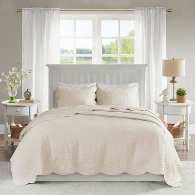 King Size 3 Piece Reversible Scalloped Edges Microfiber Quilt Set in Cream - Free Shipping 