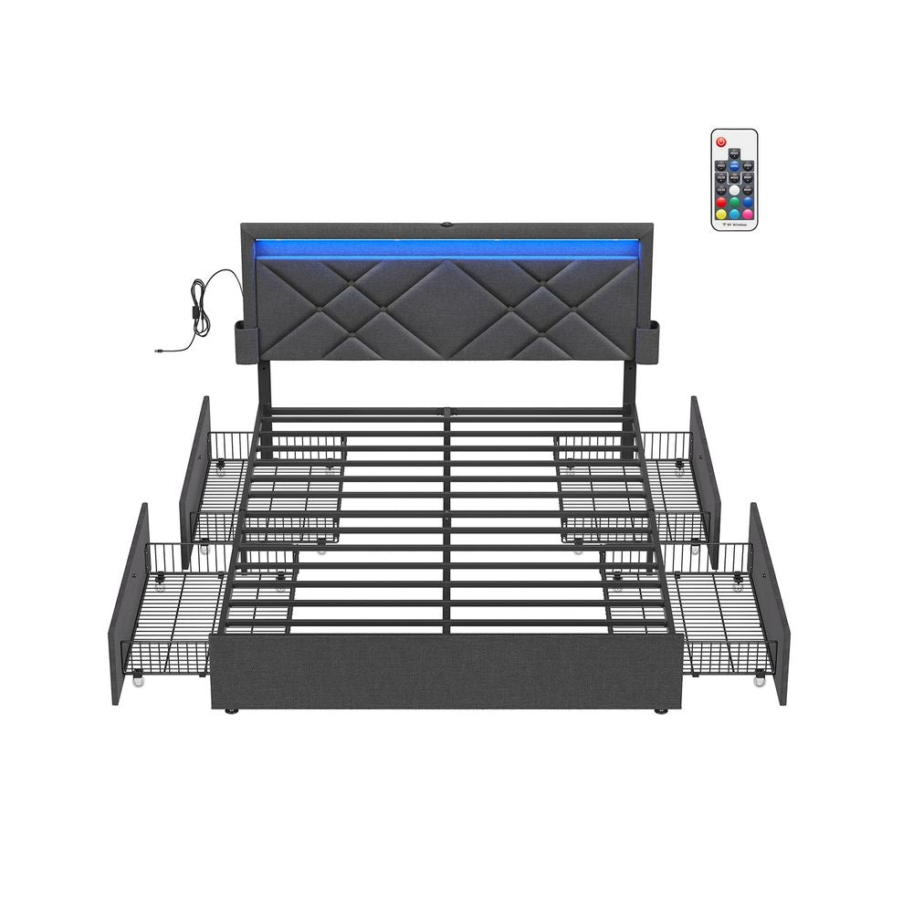 VASAGLE Queen Size LED Bed Frame with Headboard, Charging Station & 4 Storage Drawers