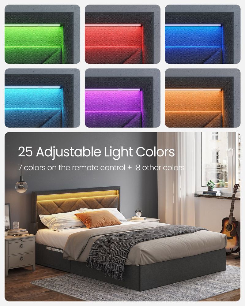 VASAGLE Queen Size LED Bed Frame with Headboard, Charging Station & 4 Storage Drawers