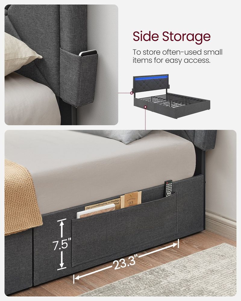 VASAGLE Queen Size LED Bed Frame with Headboard, Charging Station & 4 Storage Drawers