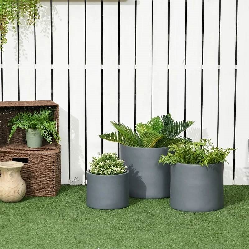 Set of 3 Stackable Round Outdoor Flower Pot Planters with Drainage Holes in Grey - Free Shipping 