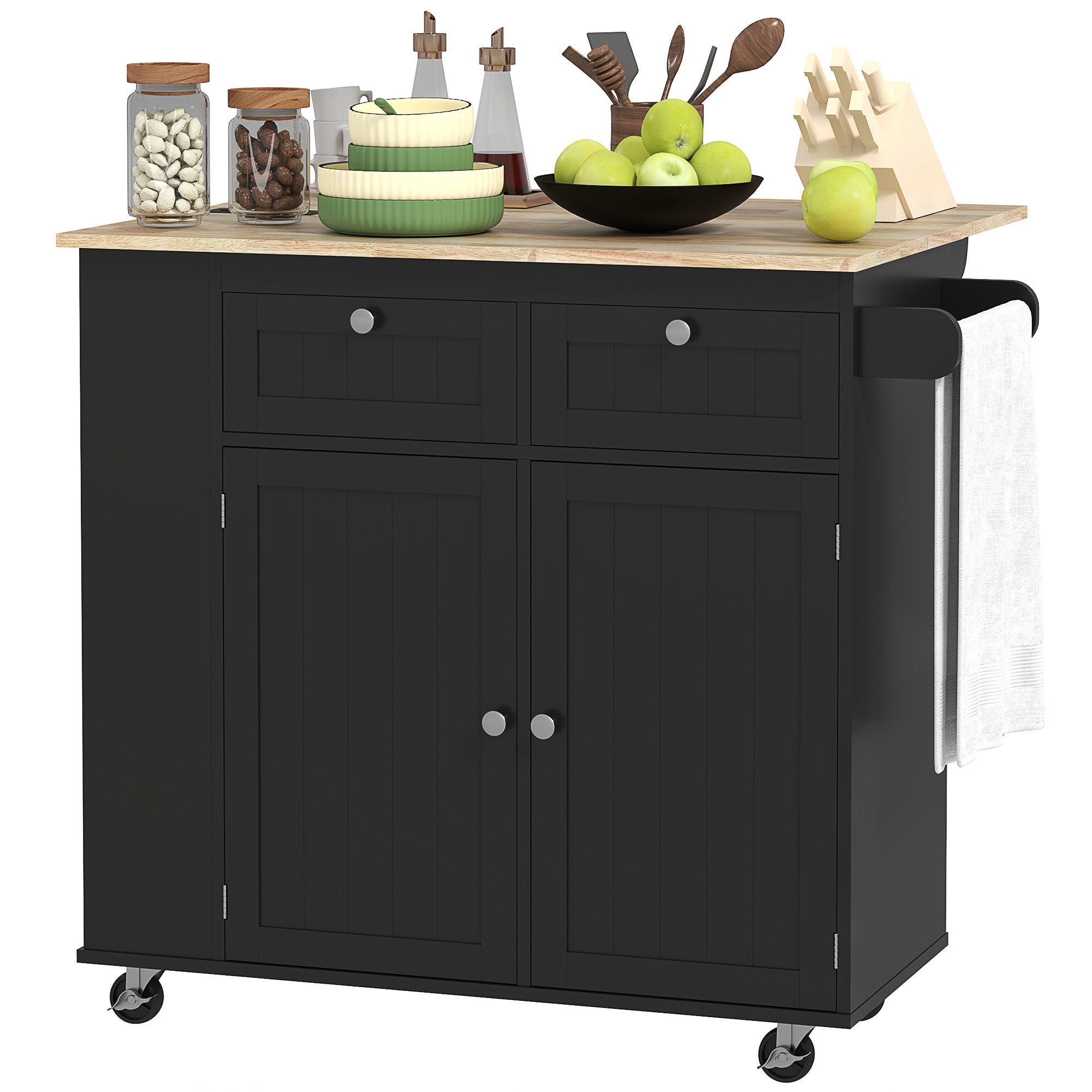 HOMCOM Kitchen Island with Power Outlet and Drop Leaf, Rolling Kitchen Cart with 2 Drawers and Adjustable Shelves, Black 