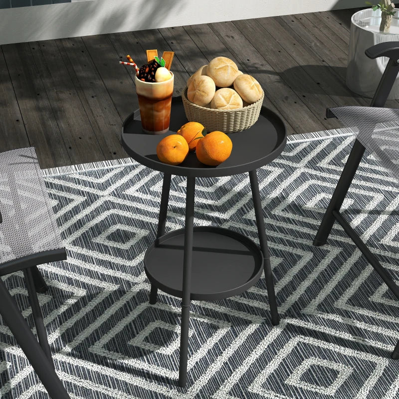 Round Garden Table, 2-Tier Small Side Table, Metal Patio Table Coffee Table Dining Table, Black