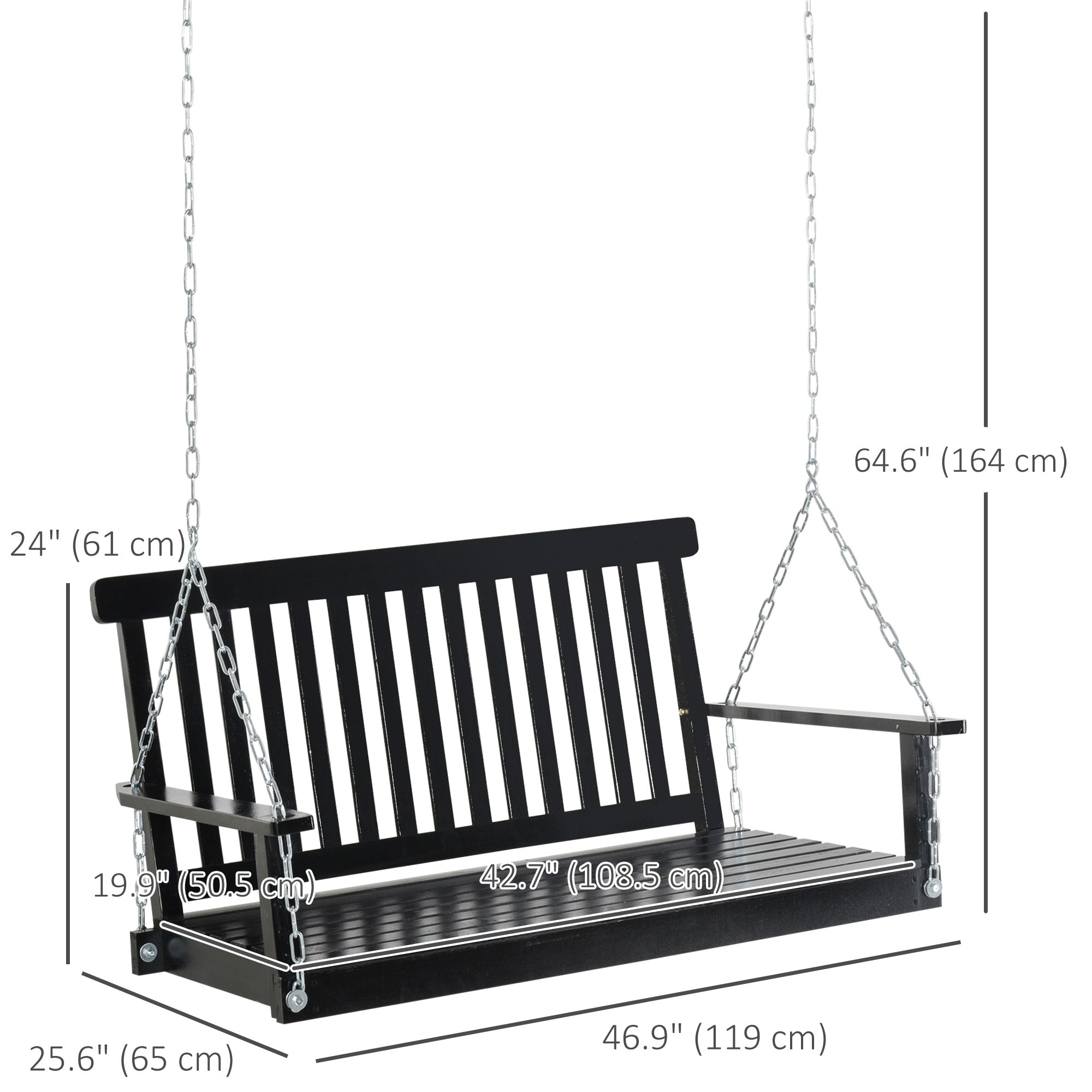 Outsunny 2-Seater Patio Swing Chair, Fir Wooden Porch Swing with Slatted Design, Hanging Chains for Outdoor, Garden, Black 