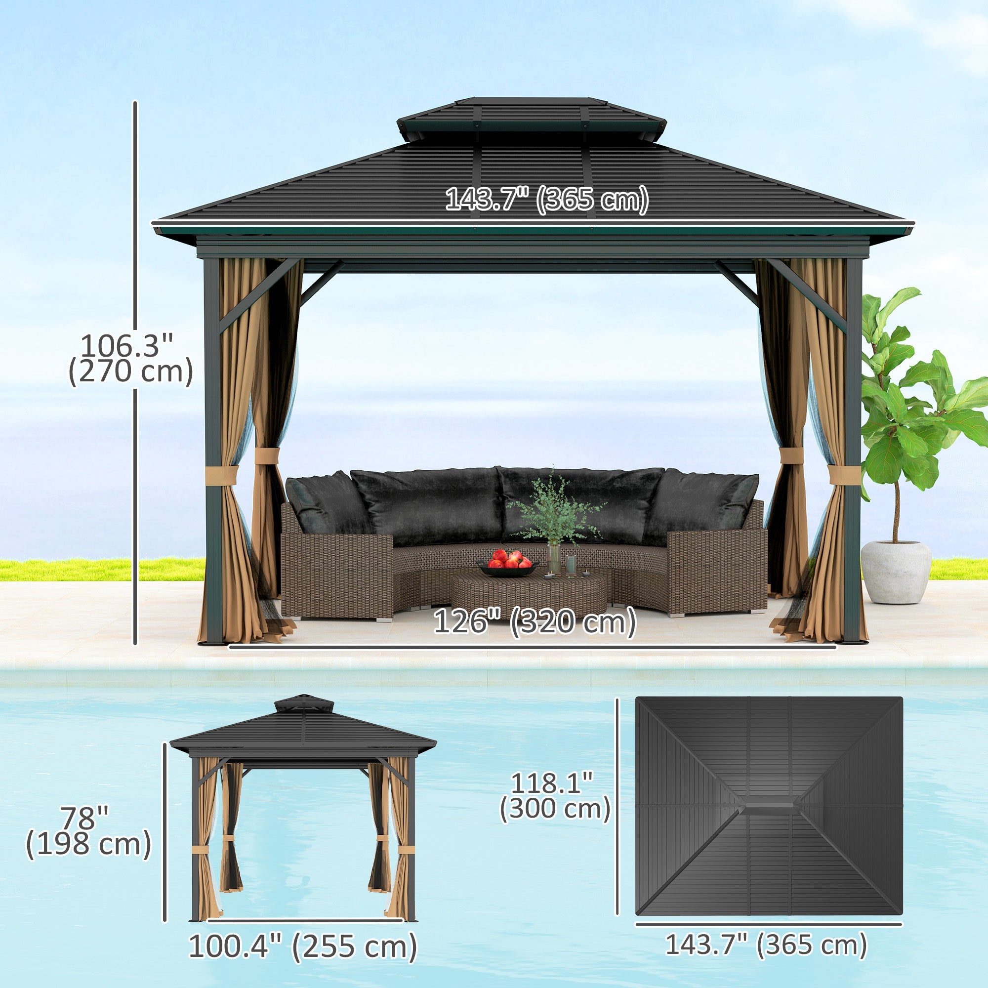 Outsunny 10' x 12' Hardtop Gazebo, Sun Shelter with Double Tier Metal Roof, Mosquito Netting, and Hanging Hook, Dark Brown 