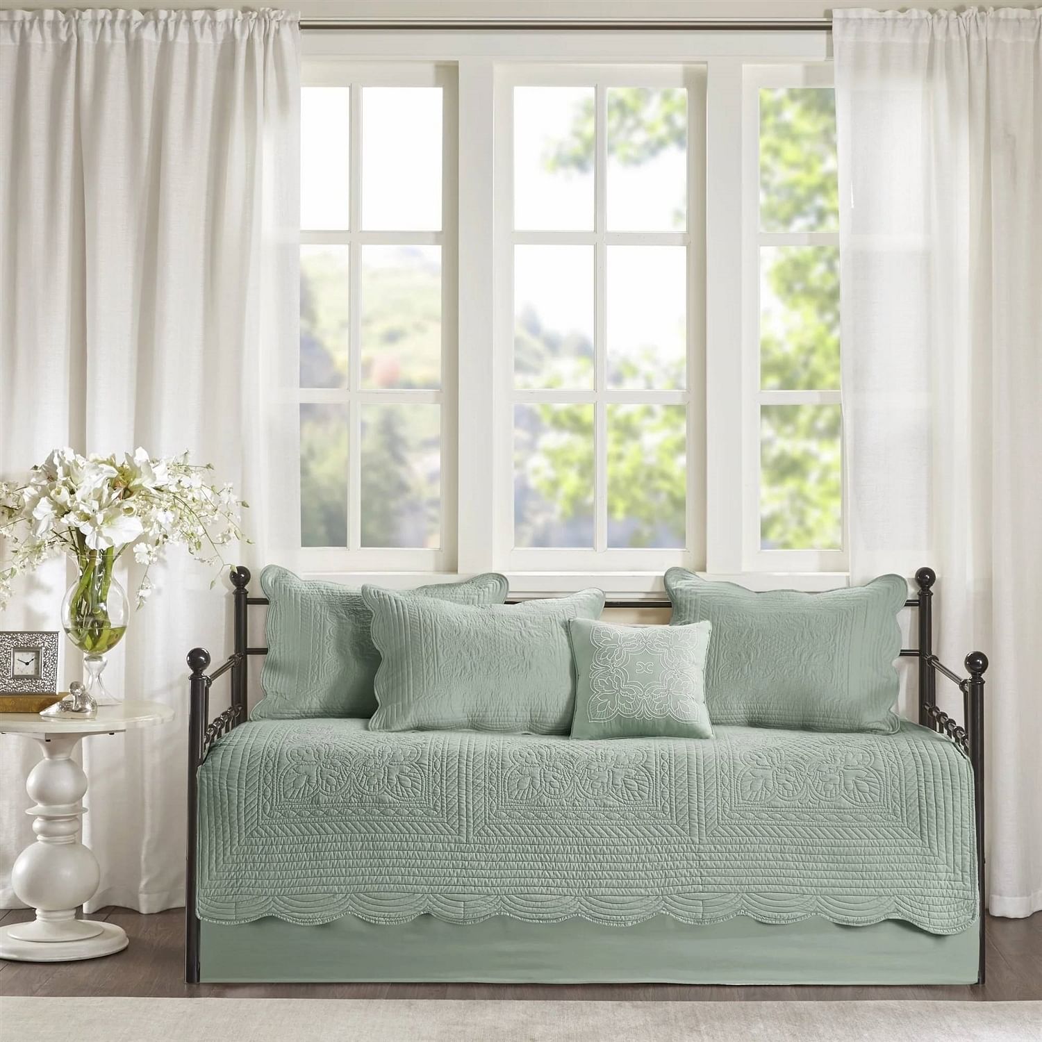 6-Piece Farmhouse Beige Cream Daybed Cover Bedding Set with Scalloped Edges - Free Shipping 