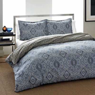King 3-Piece Cotton Comforter Set with Blue Grey Damask Pattern - Free Shipping 