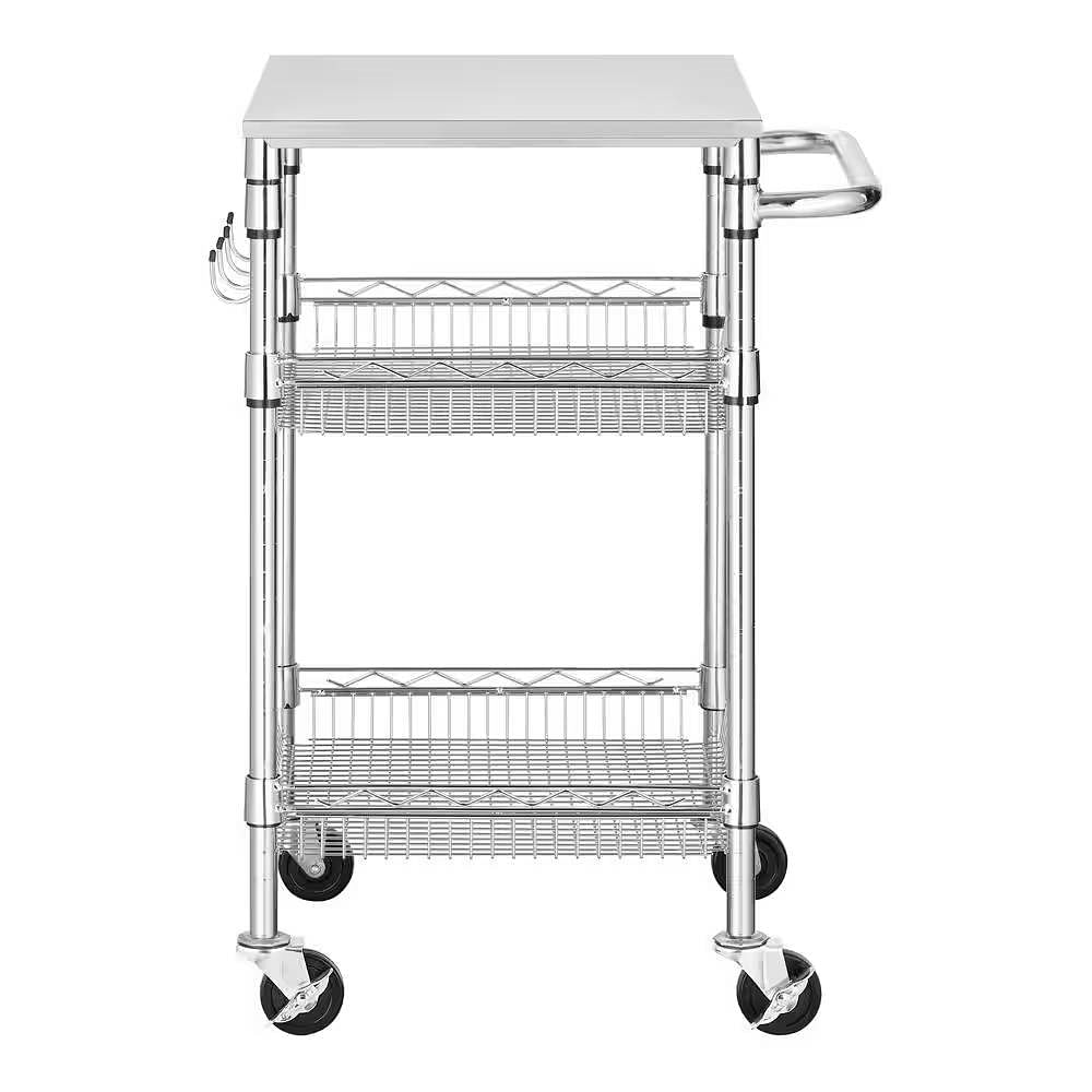 Compact Kitchen Cart with Stainless Steel Top and 2 Bottom Storage Shelves - Free Shipping 